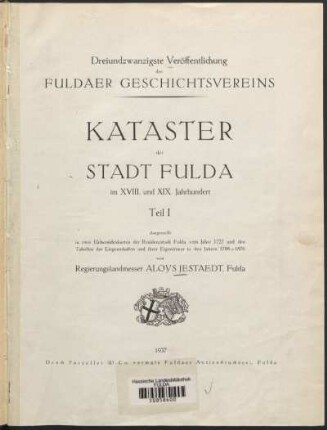 1: Kataster der Stadt Fulda im XVIII. und XIX. Jahrhundert