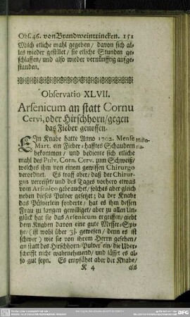 Observatio XLVII. Arsenicum an statt Cornu Cervi, oder Hirschhorn, gegen das Fieber genossen