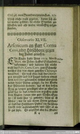 Observatio XLVII. Arsenicum an statt Cornu Cervi, oder Hirschhorn, gegen das Fieber genossen