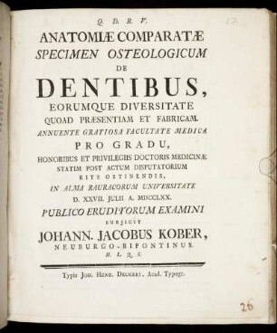 Anatomiae Comparatae Specimen Osteologicum De Dentibus, Eorumque Diversitate Quoad Praesentiam Et Fabricam