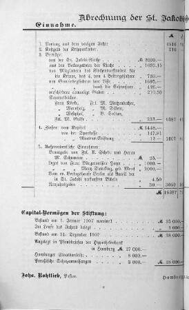 Abrechnung der St. Jakobi Gemeindepflege für 1907.