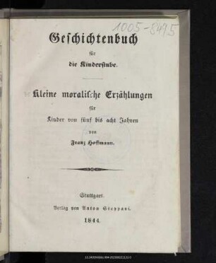 Geschichtenbuch für die Kinderstube : kleine moralische Erzählungen für Kinder von fünf bis acht Jahren