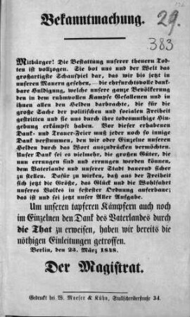 Bekanntmachung. Mitbürger! Die Bestattung unserer theuern Todten ist vollzogen. (Sammlung Friedlaender)