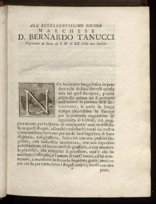 All' Eccellentissimo Signor Marchese D. Bernardo Tanucci [...]