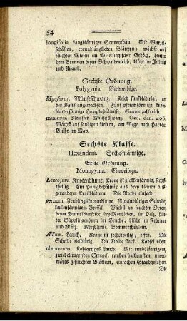 Sechste Klasse. Hexandria. Sechsmännige.