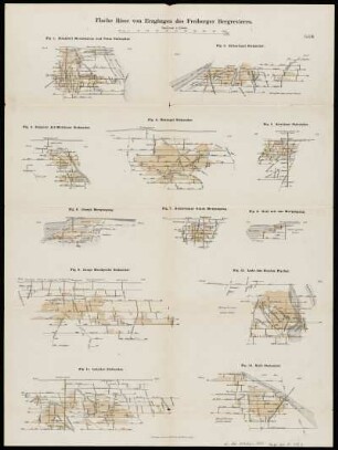 Erzgänge um Freiberg, 1:25 000, Lithographie, 1901 : Tafel 3 und 4: Flache Risse von Erzgängen des Freiberger Bergrevieres. - 1:25 000. - Leipzig : Giesecke & Devrient , [1901]. - 2 Tafeln mit 21 Fig. : mehrfarbige Lithografie ; Blattgröße je 58 x 43 cm