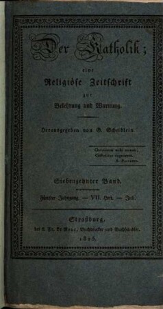 Der Katholik : Zeitschrift für katholische Wissenschaft und kirchliches Leben. 17 = Jg. 5. 1825