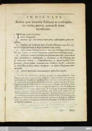Indiculus Eorum quae secundae Editioni ac consequenter tertiae, quartae, quintae & sextae accesserunt.