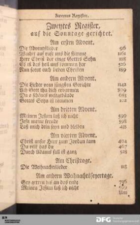Zweytes Register, auf die Sonntage gerichtet.