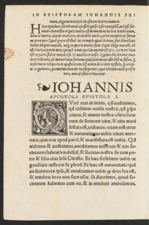 In Epistolam Iohannis Primam, argumentum per Erasmum Roterodamum.