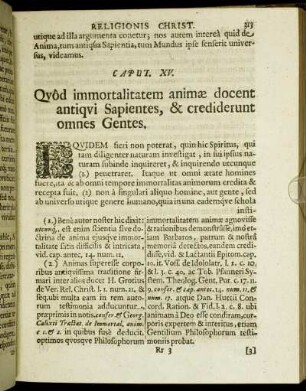 Caput XV. Quod immortalitatem animæ docent antiqui Sapientes, & crediderunt omnes Gentes.