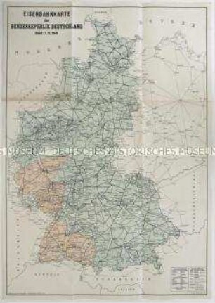 Karte der Bundesrepublik Deutschland mit dem Eisenbahnnetz 1949