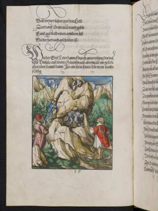 Wie der Edel Tewrdannck durch anweysung des valschen Unfalo auf einem Gembsen jeid abermalen ein geferlicheit überstunnd dann Im ein stein seinen hut vom haubt schlug