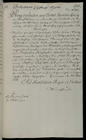 Berufung des reformierten Predigers von Hemessen zum außerordentlichen Professor der Philosophie.