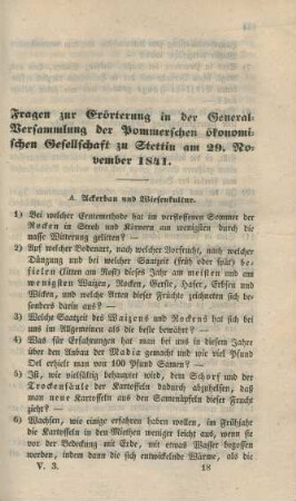 Fragen zur Erörterung in der General-Versammlung der Pommerschen ökonomischen Gesellschaft zu Stettin am 29. November 1841.