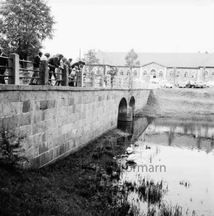 Schlossbrücke: Personen am Geländer mit Blick auf Schwäne im Schlossgraben: hinten Marstall, parkende Autos