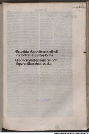 Expositio in libros Aristotelis De anima cum quaestionibus : mit Widmungsvorrede des Autors an Filippo Maria Sforza