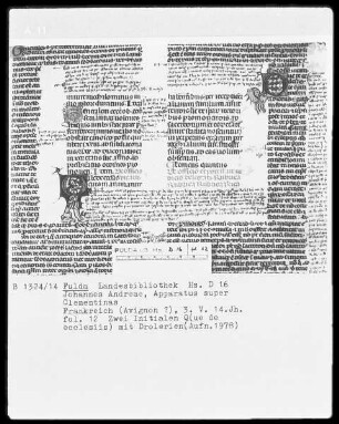 Johannes Andreae, Apparatus super Clementinas — Initialen Q(ue de ecclesiis) mit Drolerien, Folio 12recto
