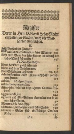 Register Derer in Hrn. D. Naevii Lehn-Recht enthaltenen Sachen / nach der Blat-Ziefer eingerichtet