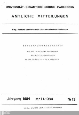 Diplomprüfungsordnung für den integrierten Studiengang Wirtschaftswissenschaften an der Universität-GH - Paderborn : 27.11.1984