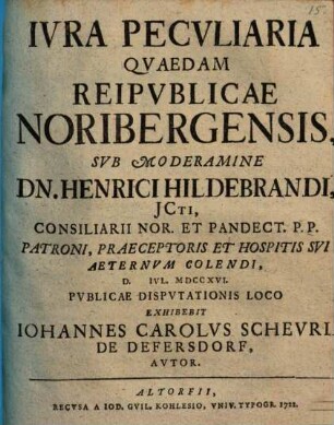 Ivra Pecvliaria Qvaedam Reipvblicae Noribergensis