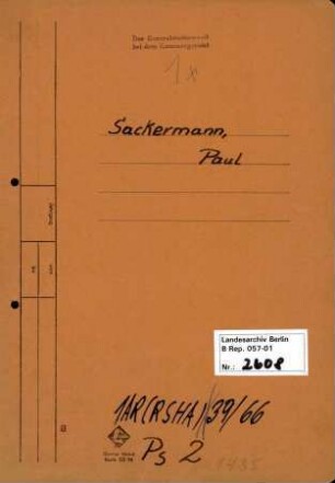 Personenheft Paul Sackermann (*03.01.1897, +10.01.1958), Kriminalsekretär