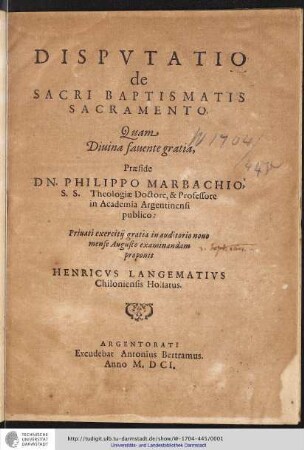 [Titelseite, Datum der Disputation handschriftlich korrigiert: "3. Step. 1601."]
