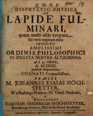 Disputatio Physica De Lapide Fulminari : quem multi alias crepant, hic vero negatum eunt