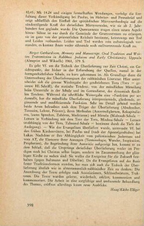 398 [Rezension] Gerhardsson, Birger, Memory and manuscript