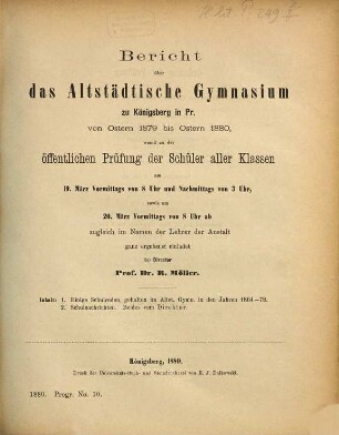 Bericht über das Altstädtische Gymnasium zu Königsberg i. Pr : von Ostern ... bis Ostern ... 1879/80