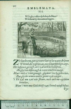 Emblemata. XLI. Wilt ghy vaften rijckdom hebben? Wilt hem by den armen leggen.