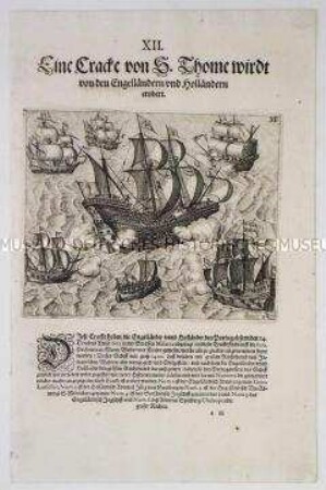 Eine Karacke aus S. Thomas wird von den Engländern und Holländern erobert - Tafel 58 aus de Bry, India II