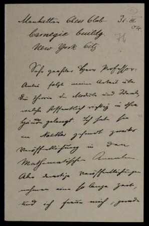 Nr. 13: Brief von Emanuel Lasker an Adolf Hurwitz, New York, NY, 31.3.1904