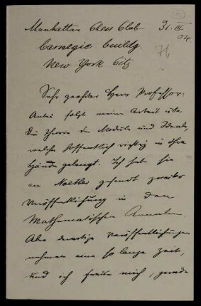 Nr. 13: Brief von Emanuel Lasker an Adolf Hurwitz, New York, NY, 31.3.1904