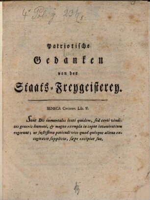 Patriotische Gedanken von der Staats-Freygeisterey