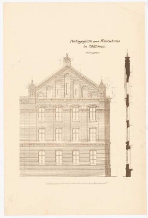 Königliches Pädagogium und Waisenhaus, Züllichau: Aufriss Seitengiebel, Fassadenschnitt vertikal