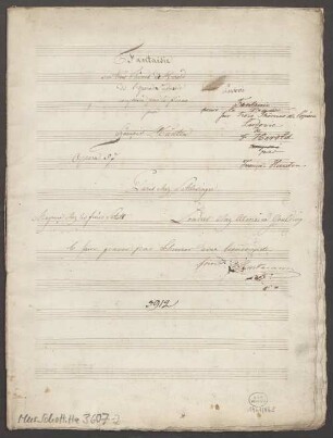 Fantasies, pf, op. 57 - BSB Mus.Schott.Ha 3607-2 : [title page, at center:] Fantaisie // sur trois Thêmes de Herold // de l'opera Ludowic [corrected to: Ludovic] // composée pour le Piano // par // François Hünten // Opera 57 // Paris chez Schlesinger // Mayence chez les frères Schott [space] Londres chez Almaine Goulding
