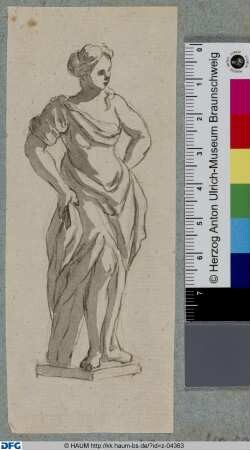 Stehende weibliche Figur, die Arme in die Hüften gestemmt und nach rechts blickend