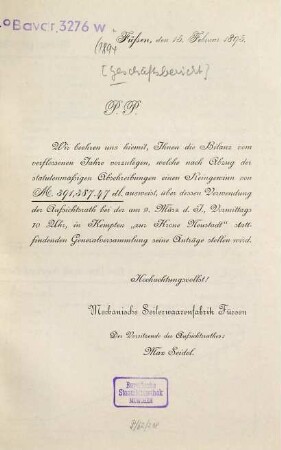 Geschäftsbericht der Mechanischen Seilerwarenfabrik Füssen. 1894. - 1895