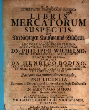Dissertatio Inauguralis Juridica De Libris Mercatorum Suspectis : = Von Verdächtigen Kaufmanns-Büchern