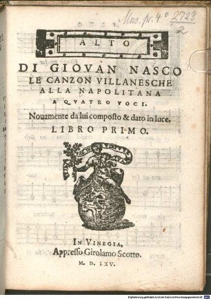 DI GIOVAN NASCO LE CANZON VILLANESCHE ALLA NAPOLITANA A QVATRO VOCI. Nouamente da lui composto & dato in luce. LIBRO PRIMO