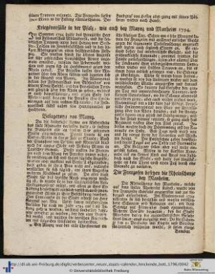 Kriegsvorfälle in der Pfalz, wie auch bey Maynz und Manheim 1794.