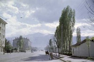 Die Hauptstraße durch die Stadt Bankja. Pferdegespann