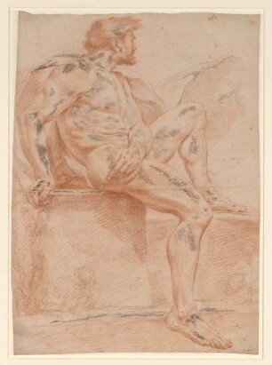 Vouet, Simon: Zeichnungen I, Blatt 28: Sitzende männliche Aktfigur nach rechts gewendet, mit angehobenem linken Bein - BSB Cod.icon. 397 a(28