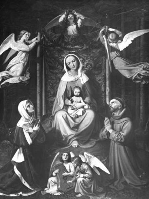 Die thronende Madonna, gerahmt von Engeln, mit den Heiligen Elisabeth und Franziskus
