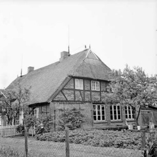 Wohnhaus mit Reetdach: ehemalige Volksschule: vorn Garten und Zaun