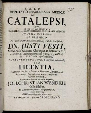 Disputatio Inauguralis Medica De Catalepsi