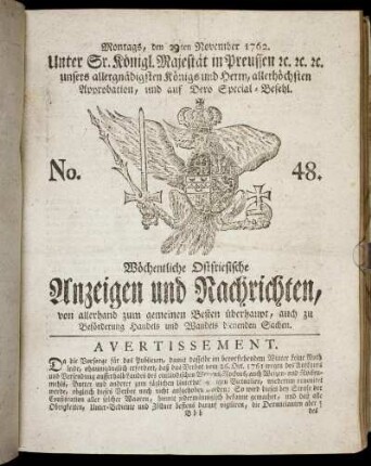 No. 48. Montags, den 29ten November 1762.