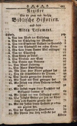 Register über die zwey und funfzig Biblische Historien. aus dem Alten Testament.