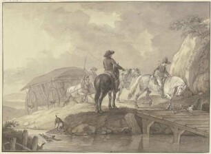 Ein mit Säcken beladener Lastwagen, begleitet von zwei Reitern und zwei Hunden, fährt über eine Brücke